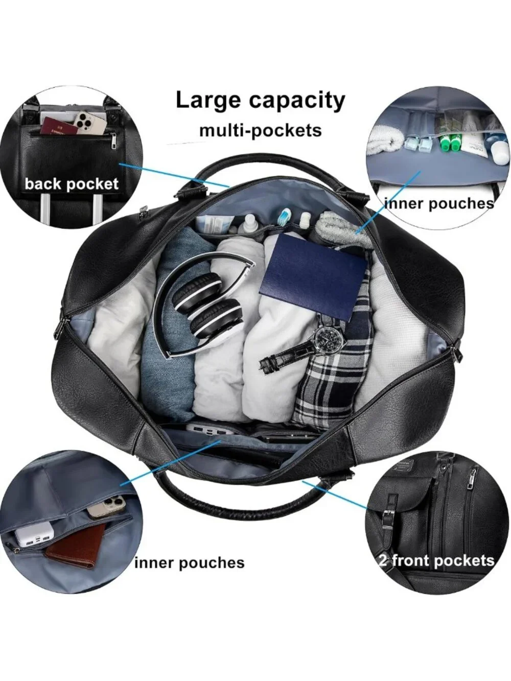 Large Faux Leather Weekender Duffel Bag with Shoes Compartment & Waterproof